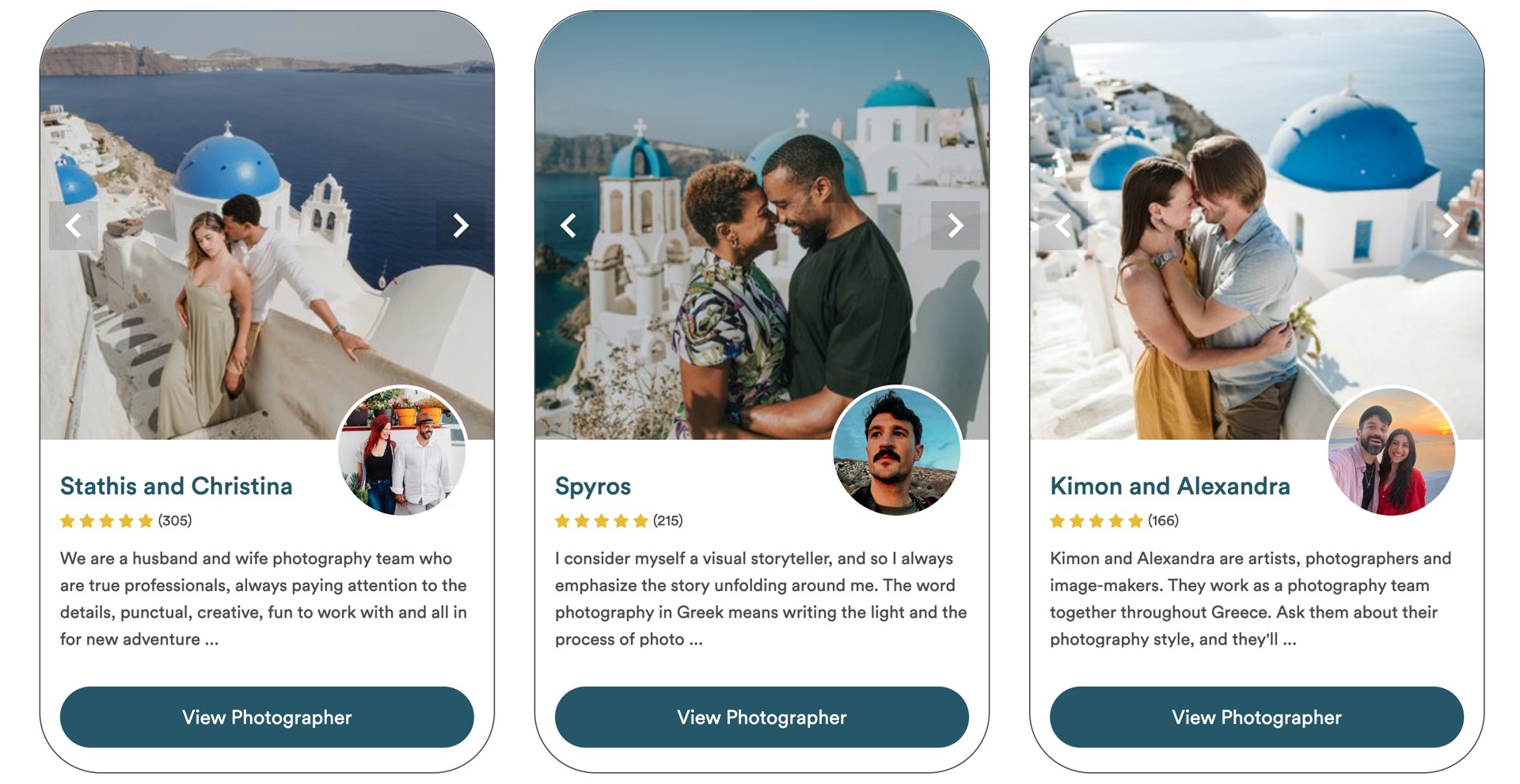 Three photographer profiles on the Santorini page of the Flytographer website