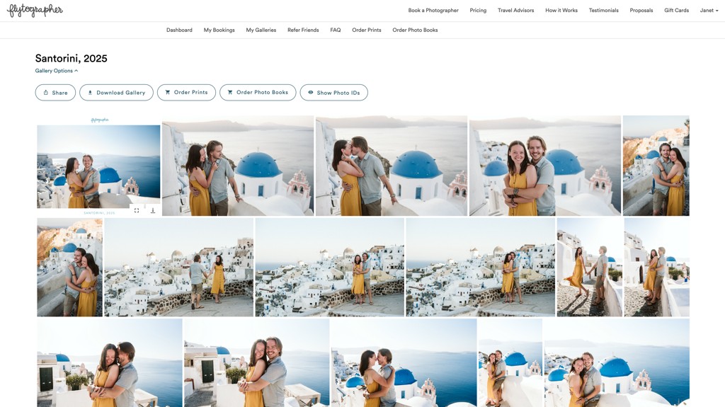 A completed Flytographer shoot gallery with a couple's photos from Santorini