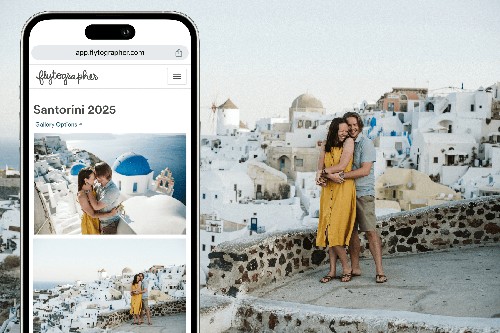 A completed Flytographer shoot gallery on a phone with a couple's photos from Santorini