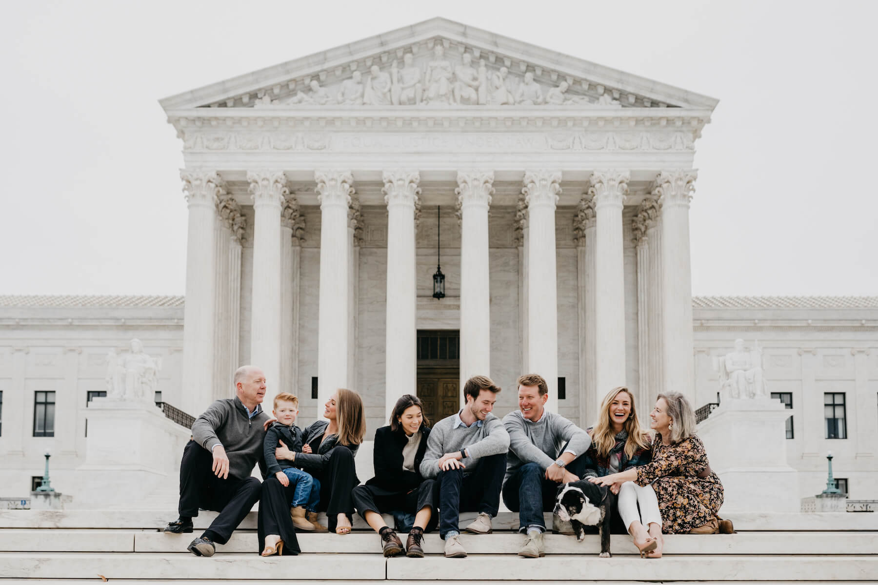 Eight family members sit on steps near the Capitol Grounds