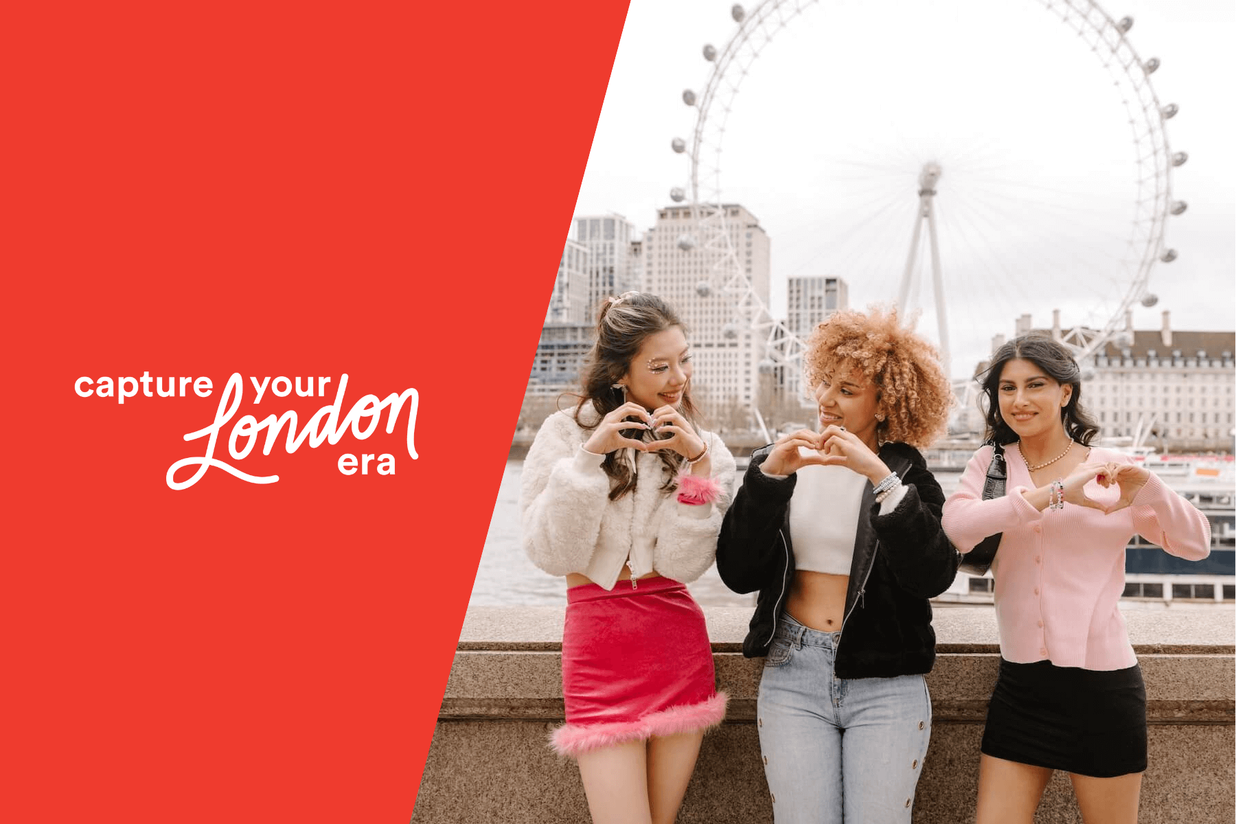 Capture your London Era!  A group of ladies creating a heart with their hands along the Flytographer Taylor Swift photo tour.